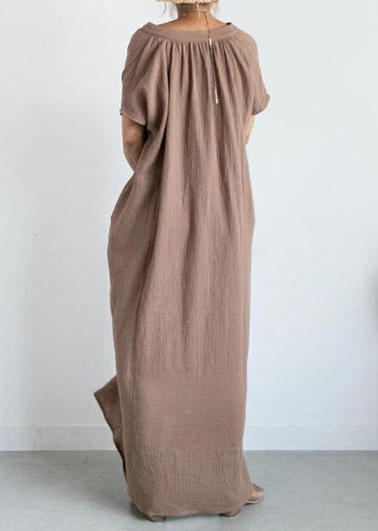 Fashion Khaki V Neck Patchwork Cotton Ankle Dresses Summer LY1366