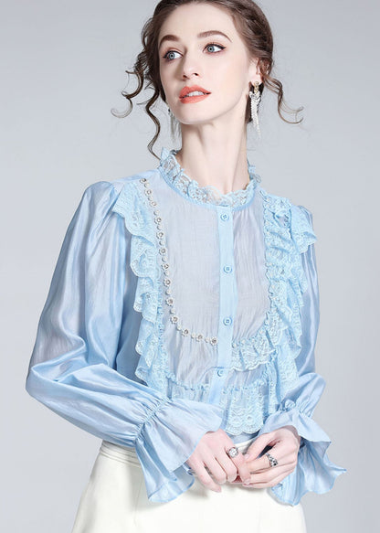 Fashion Light Blue Lace Ruffled Nail bead Patchwork Silk Shirt Spring LY0111