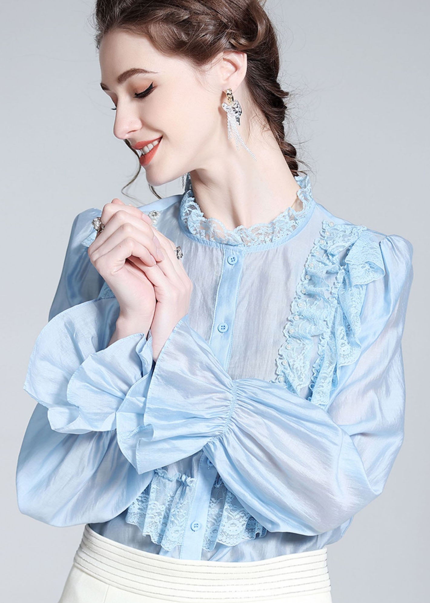 Fashion Light Blue Lace Ruffled Nail bead Patchwork Silk Shirt Spring LY0111