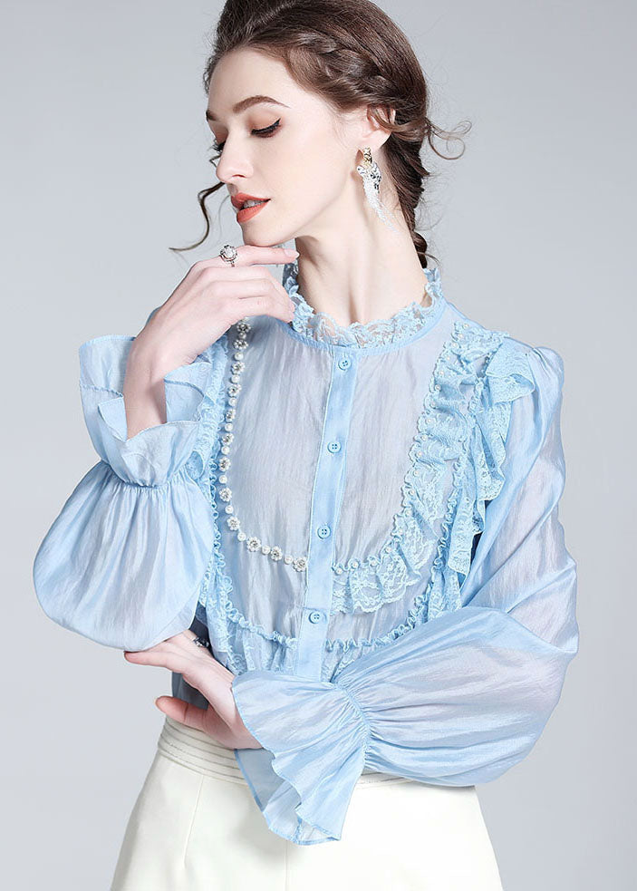 Fashion Light Blue Lace Ruffled Nail bead Patchwork Silk Shirt Spring LY0111