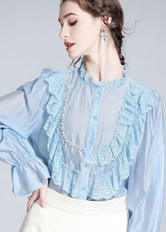 Fashion Light Blue Lace Ruffled Nail bead Patchwork Silk Shirt Spring LY0111