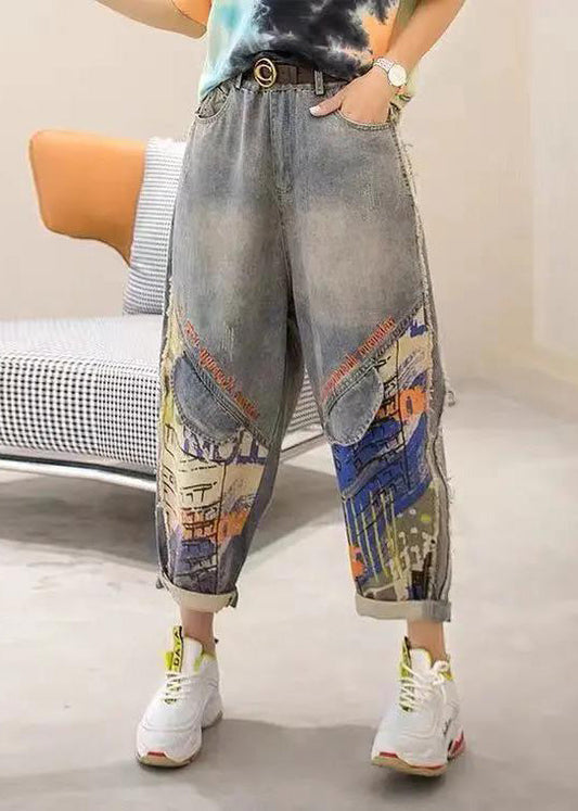 Fashion Light Blue Print Patchwork Sashes High Waist Crop Jeans Summer TY1091