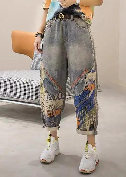 Fashion Light Blue Print Patchwork Sashes High Waist Crop Jeans Summer TY1091