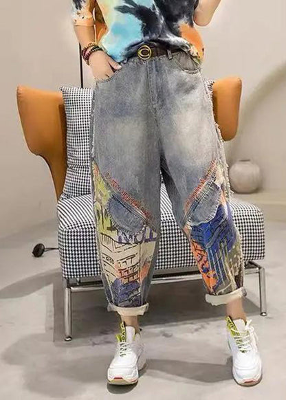 Fashion Light Blue Print Patchwork Sashes High Waist Crop Jeans Summer TY1091