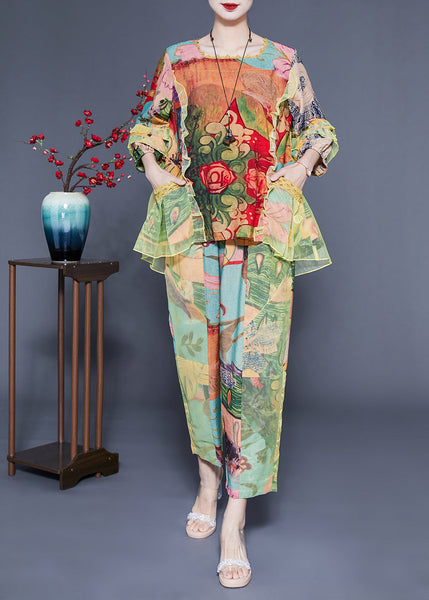 Fashion Light Green Ruffled Tulle Patchwork Print Silk Two Pieces Set Summer LC0403