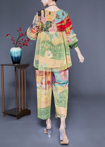 Fashion Light Green Ruffled Tulle Patchwork Print Silk Two Pieces Set Summer LC0403