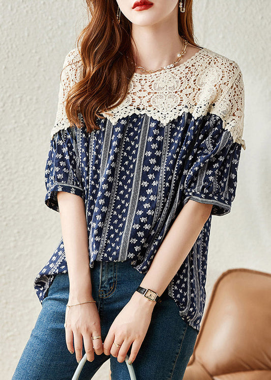 Fashion Navy O-Neck Print Lace Patchwork Shirt Summer LY1529