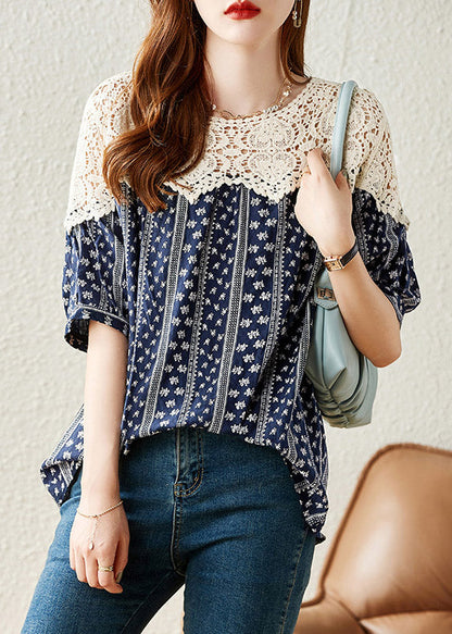 Fashion Navy O-Neck Print Lace Patchwork Shirt Summer LY1529