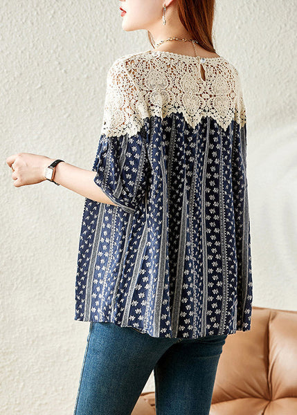 Fashion Navy O-Neck Print Lace Patchwork Shirt Summer LY1529