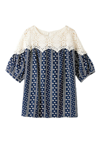 Fashion Navy O-Neck Print Lace Patchwork Shirt Summer LY1529