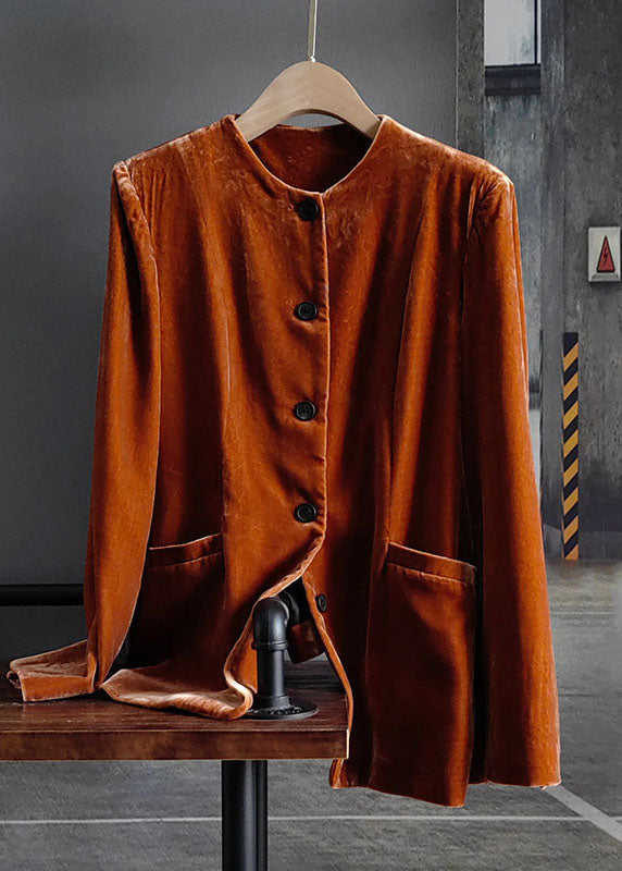 Fashion Orange O-Neck Button Patchwork Silk Velour Coats Spring LY0983