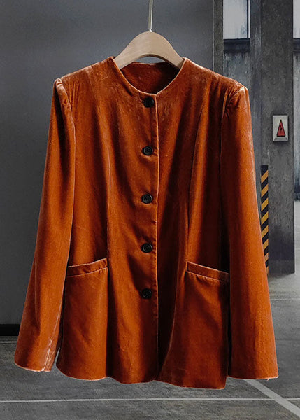 Fashion Orange O-Neck Button Patchwork Silk Velour Coats Spring LY0983