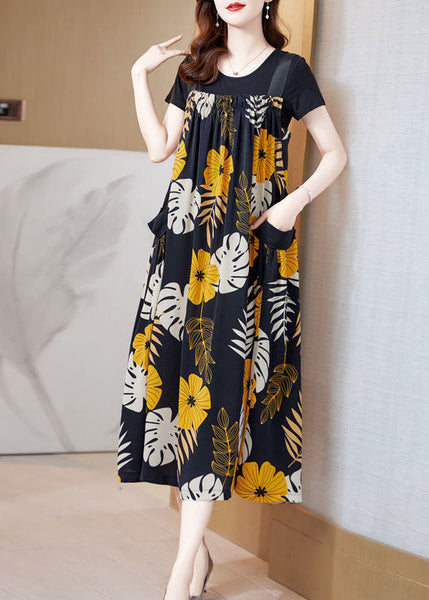 Fashion Oversized Floral Print Silk A Line Strap Dresses Summer AC2008