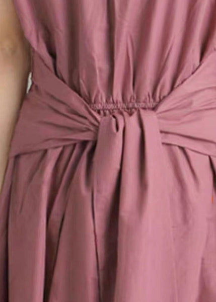 Fashion Pink Bow Wrinkled Patchwork Cotton Dress Summer LY1358