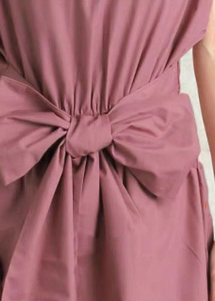 Fashion Pink Bow Wrinkled Patchwork Cotton Dress Summer LY1358