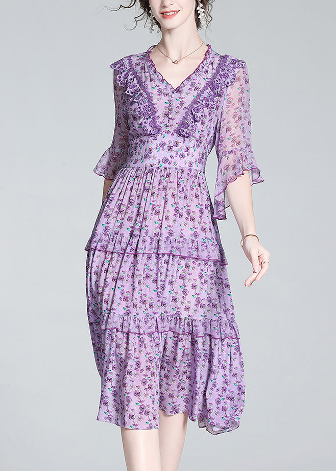 Fashion Purple V Neck Print Wrinkled Button Silk Long Dress Half Sleeve LY1036