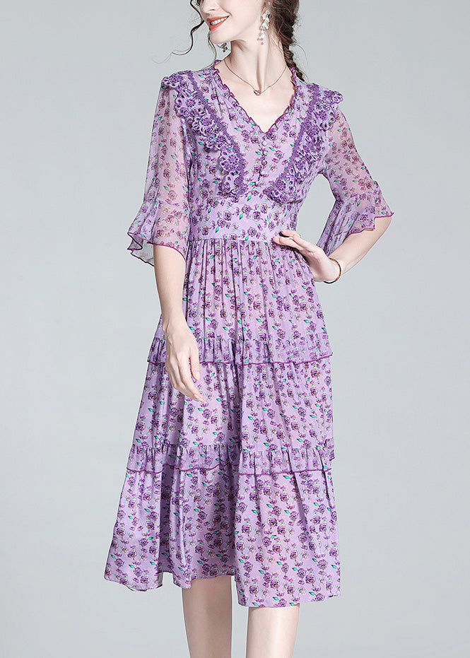 Fashion Purple V Neck Print Wrinkled Button Silk Long Dress Half Sleeve LY1036