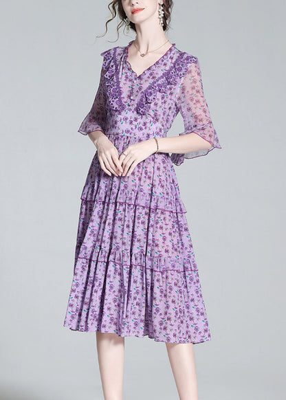 Fashion Purple V Neck Print Wrinkled Button Silk Long Dress Half Sleeve LY1036