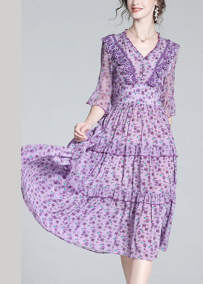 Fashion Purple V Neck Print Wrinkled Button Silk Long Dress Half Sleeve LY1036