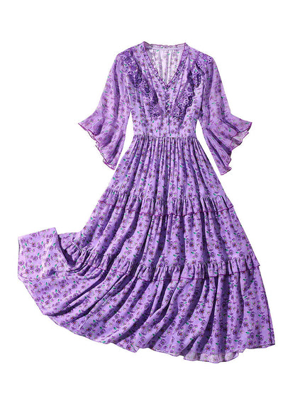 Fashion Purple V Neck Print Wrinkled Button Silk Long Dress Half Sleeve LY1036