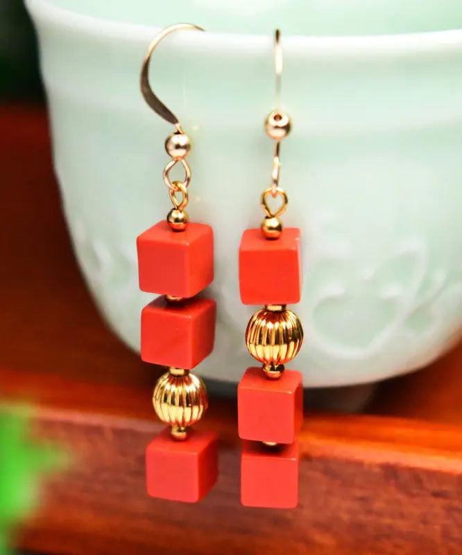 Fashion Red 14K Gold Cinnabar Candy Drop Earrings Ada Fashion