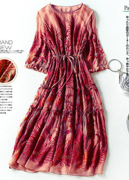 Fashion Red Embroideried Cinched Silk Dresses Bracelet Sleeve LY0996