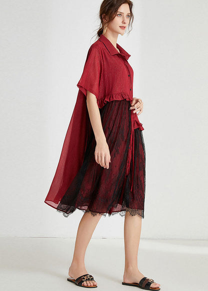 Fashion Red Peter Pan Collar Lace Patchwork Tasseled Chiffon Day Dress Spring LY0019