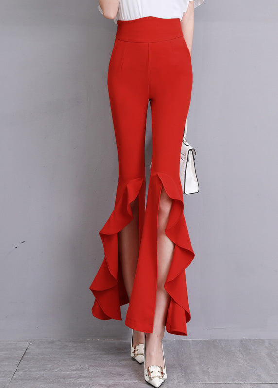 Fashion Red Ruffled Side Open Slim Bell Bottomed Trousers Summer LY0176