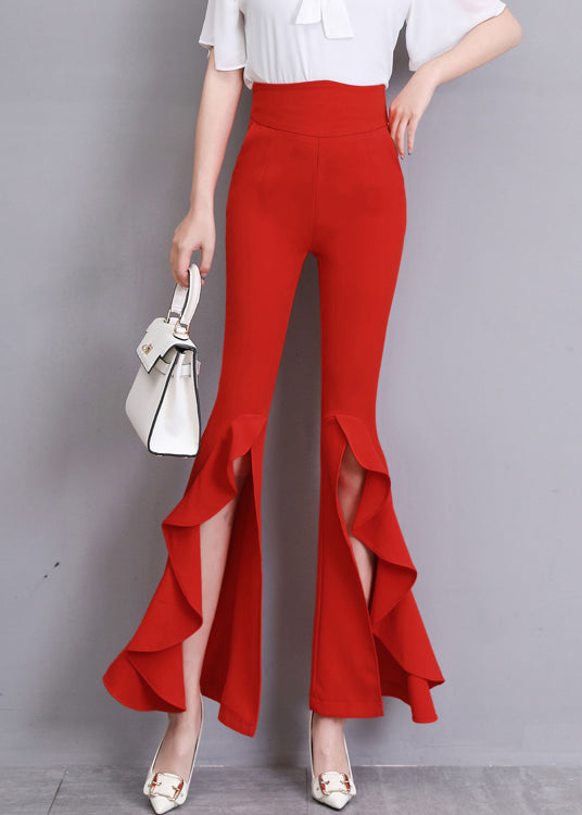 Fashion Red Ruffled Side Open Slim Bell Bottomed Trousers Summer LY0176