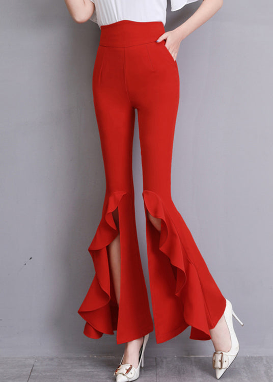 Fashion Red Ruffled Side Open Slim Bell Bottomed Trousers Summer LY0176