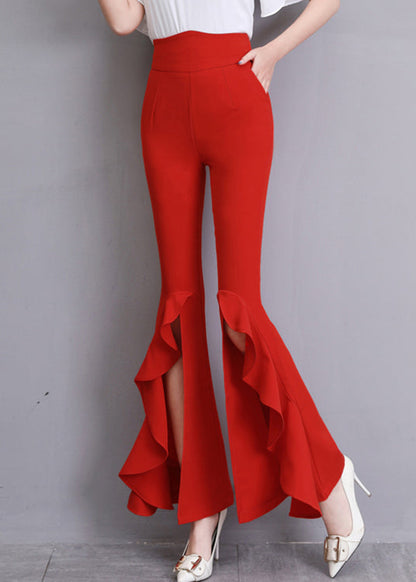 Fashion Red Ruffled Side Open Slim Bell Bottomed Trousers Summer LY0176