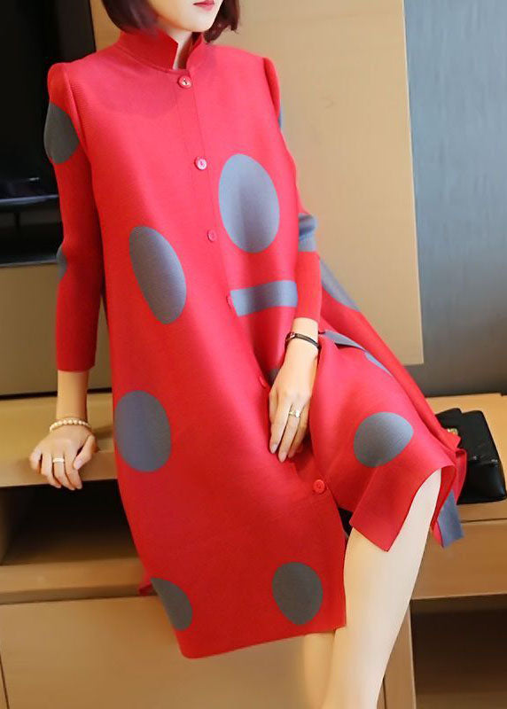 Fashion Red Stand Collar Dot Print Side Open Holiday Dresses Spring LY1483