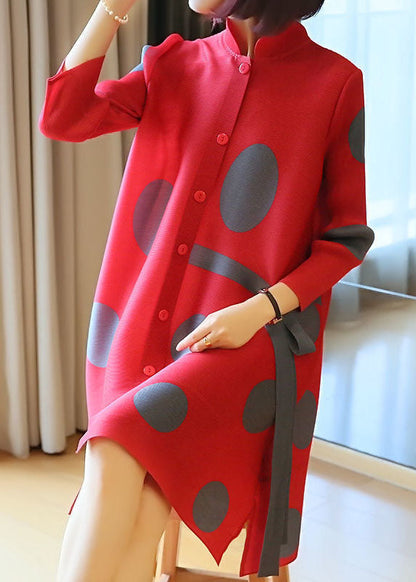 Fashion Red Stand Collar Dot Print Side Open Holiday Dresses Spring LY1483