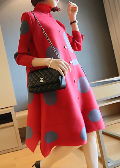 Fashion Red Stand Collar Dot Print Side Open Holiday Dresses Spring LY1483