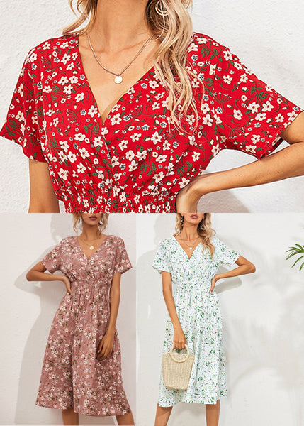 Fashion Red V Nec Print Long Dress Summer LY1958