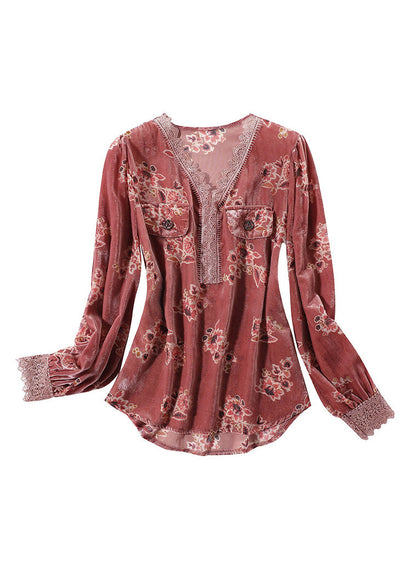 Fashion Red V Neck Print Lace Patchwork Silk Velour Top Spring LY0716