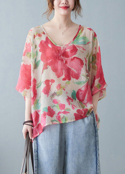 Fashion Red V Neck Print T Shirt Half Sleeve AC2099