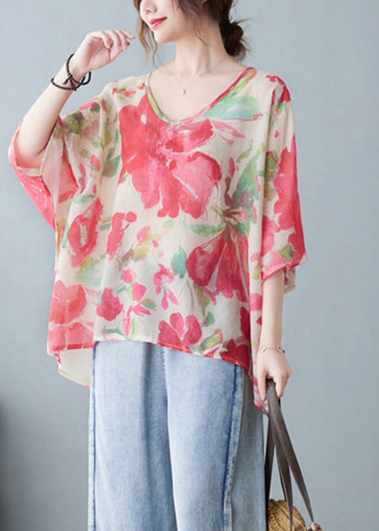 Fashion Red V Neck Print T Shirt Half Sleeve AC2099