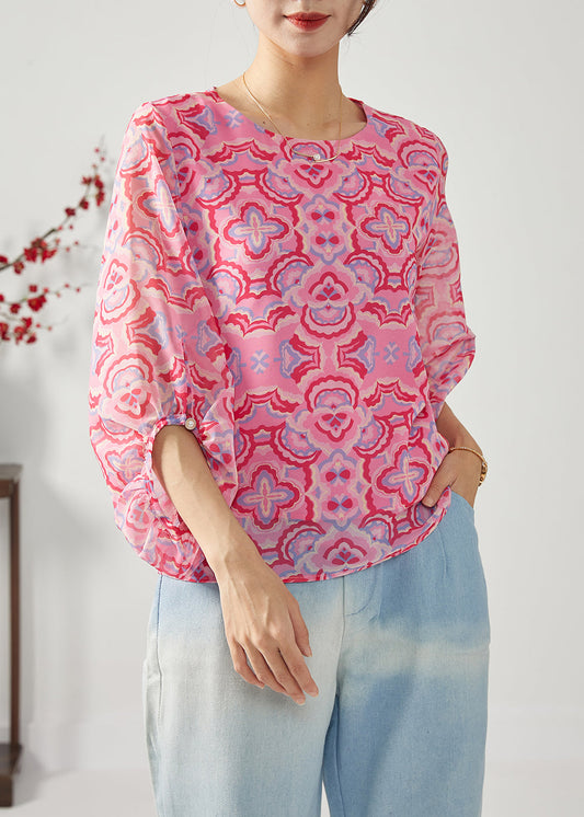 Fashion Rose Oversized Print Chiffon Shirt Top Bracelet Sleeve LC0385