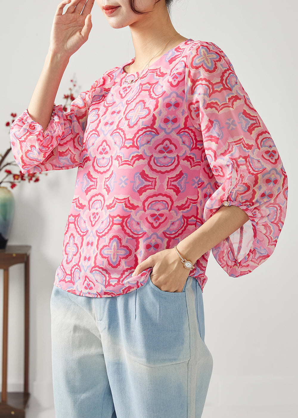 Fashion Rose Oversized Print Chiffon Shirt Top Bracelet Sleeve LC0385