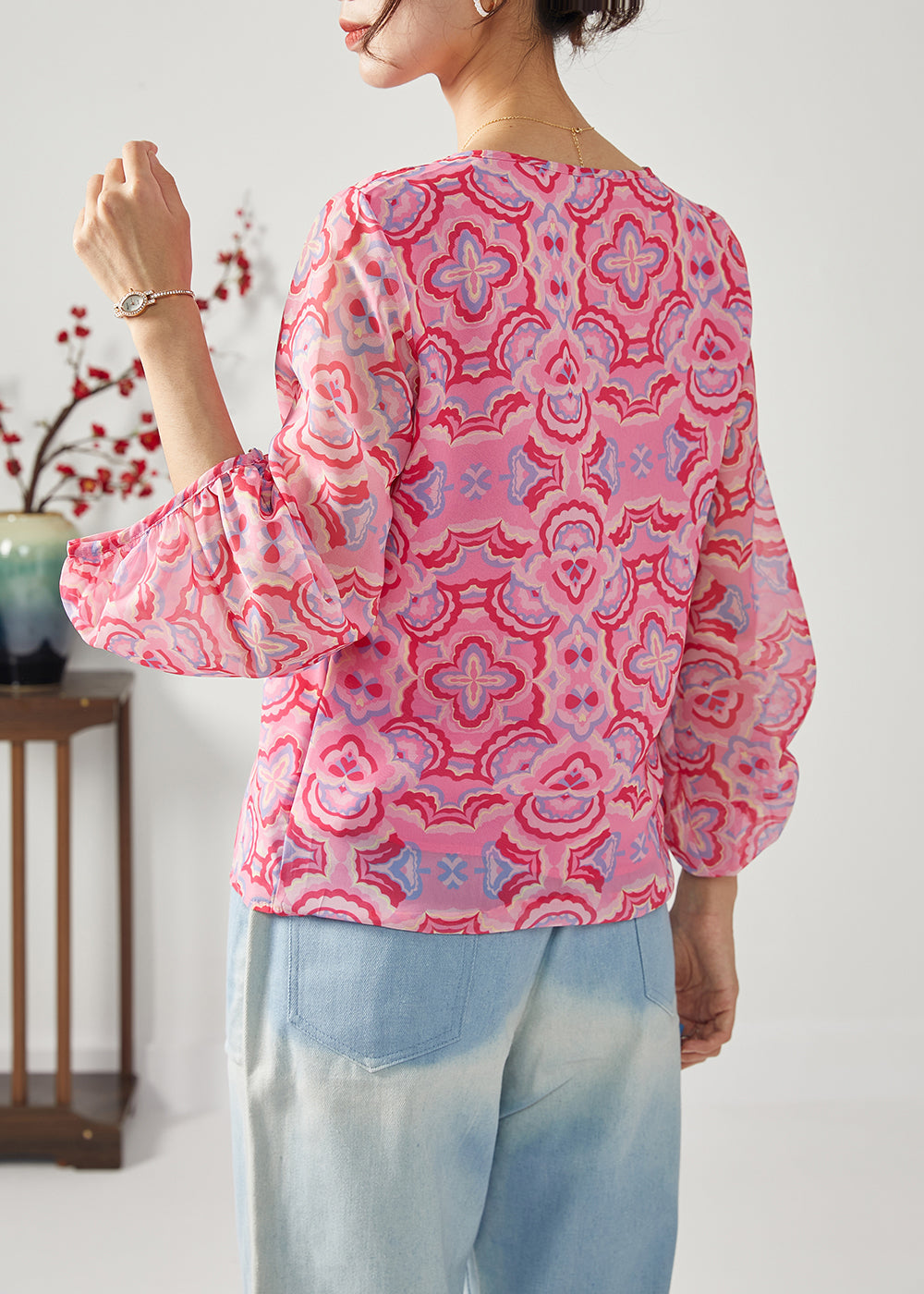 Fashion Rose Oversized Print Chiffon Shirt Top Bracelet Sleeve LY1115