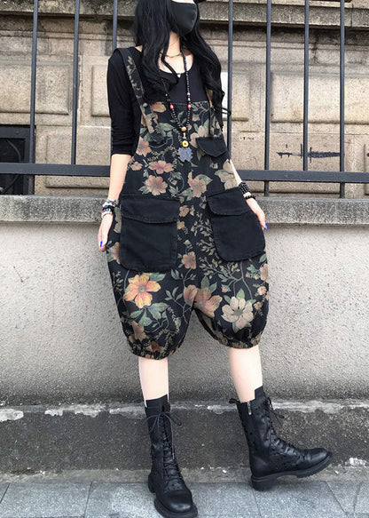 Fashion Slash Neck Print Patchwork Button Denim Jumpsuit Spring LY1279