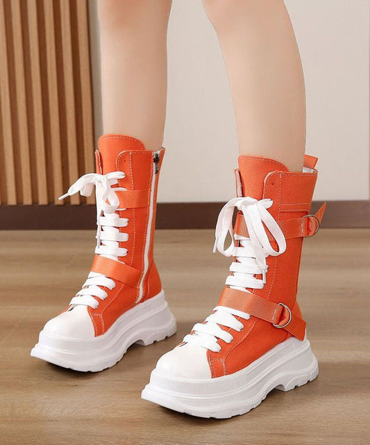 Fashion Splicing Lace Up Orange Canvas Motorcycle Platform Boots LY1777