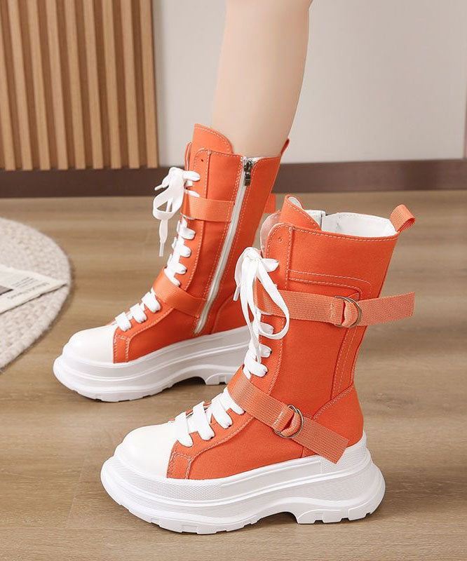 Fashion Splicing Lace Up Orange Canvas Motorcycle Platform Boots LY1777