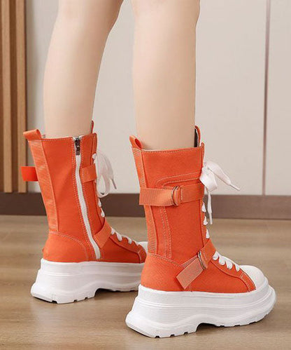 Fashion Splicing Lace Up Orange Canvas Motorcycle Platform Boots LY1777