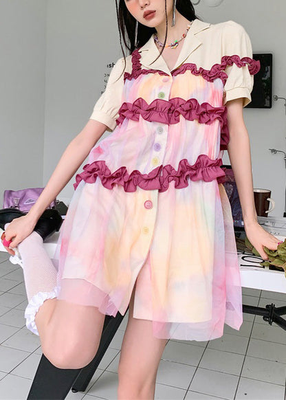 Fashion Turtleneck Patchwork Ruffled Button Tulle Shirts Dresses Summer LY0749