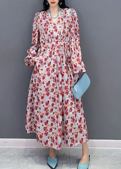 Fashion V Neck Print Tie Waist Long Dress Spring LC0313