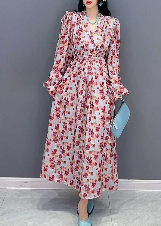 Fashion V Neck Print Tie Waist Long Dress Spring LC0313