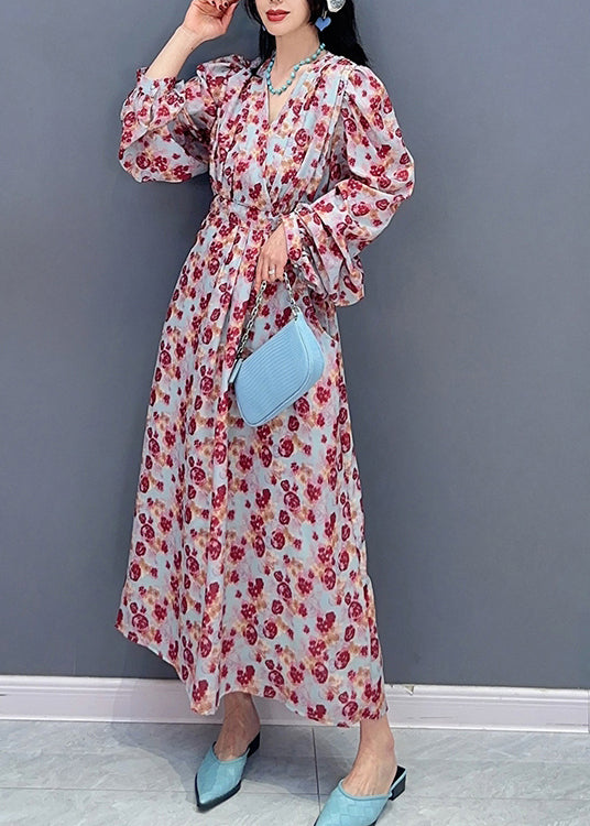 Fashion V Neck Print Tie Waist Long Dress Spring LC0313