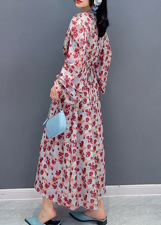 Fashion V Neck Print Tie Waist Long Dress Spring LC0313